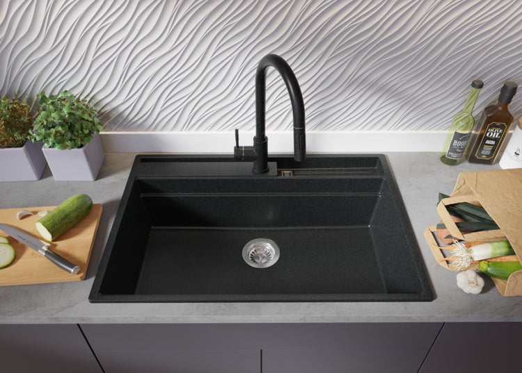 PRIMAGRAN Spülbecken Anthrazit 78x53cm, Granitspüle 1 Becken + Ablauf-Set + Küchenzubehörset, Küchenspüle ab 80er Unterschrank - Oslo Pocket