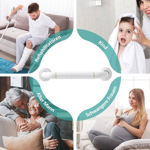 Sicherheits-Haltegriff für das Badezimmer mit Anwendungsbereichen für Rehabilitation, Kinder, Senioren und Schwangere.