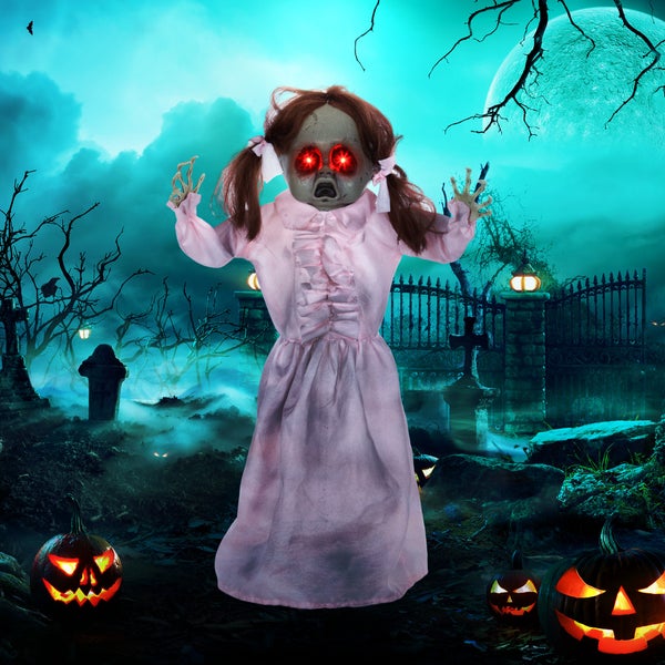 HOMCOM 76cm Halloween Dekoration Geisterpuppe mit LED-Lichter, Soundfunktion, Haustür Deko mit verstellbare Arme, Garten Dekofigur in Lebensgröße für Party
