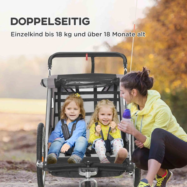 HOMCOM 2 in 1 Kinderanhänger klappbar Fahrradanhänger mit abnehmbarem Vorderrad, Hinterradbremsen, Kinderfahrradanhänger für 2 Kinder ab 18 Monate, bis 26,4 kg belastbar, Grau