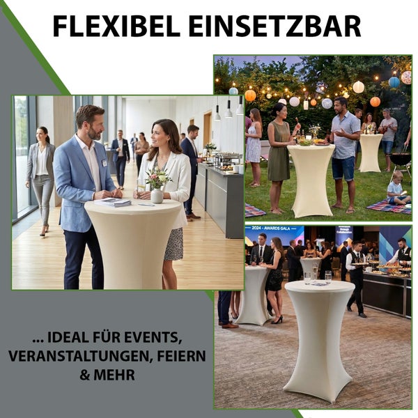 Stehtisch mit Hussen in verschiedenen Einsatzbereichen wie Business Events, Gartenpartys und Galaveranstaltungen im Innen und Außenbereich.