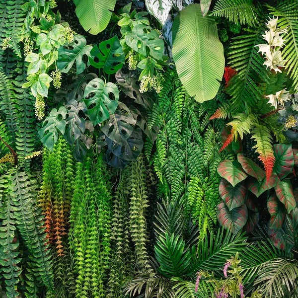 Künstliche Pflanzenwand mit verschiedenen tropischen Blättern wie Monstera und Farnen für die dekorative Wandgestaltung.