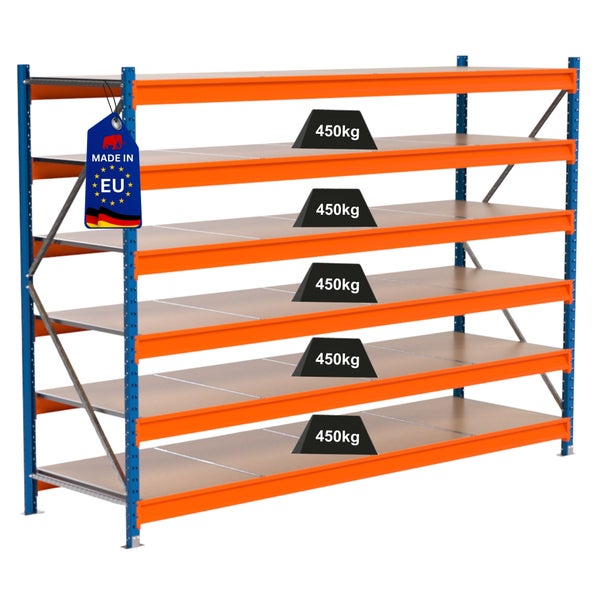 Lagerregal mit fünf Ebenen und einer Traglast von 450 Kilogramm pro Ebene sowie einem Made in EU Siegel