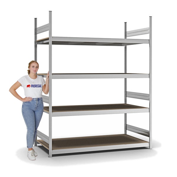 PROREGAL Weitspannregal Stecksystem T-Profil Grundregal HxBxT 250x200x80 cm 4 Ebenen Spanplatten Fachboden Fachlast 350 kg Verzinkt