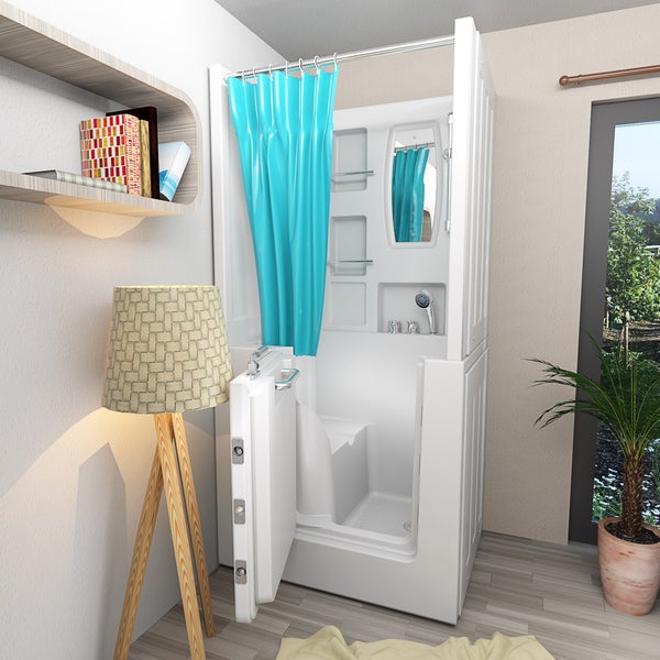 Maßskizze einer Duschkabine mit Vorhang: 100 Zentimeter breit, 78 Zentimeter tief und 205 Zentimeter hoch. Einstiegshöhe 25 Zentimeter.