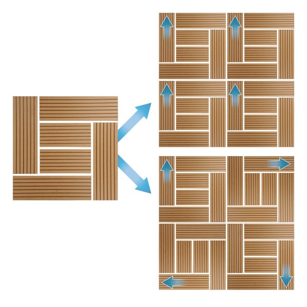 Illustration von Verlegemustern für quadratische Holzfliesen mit gleichmäßiger und abwechselnder Ausrichtung.