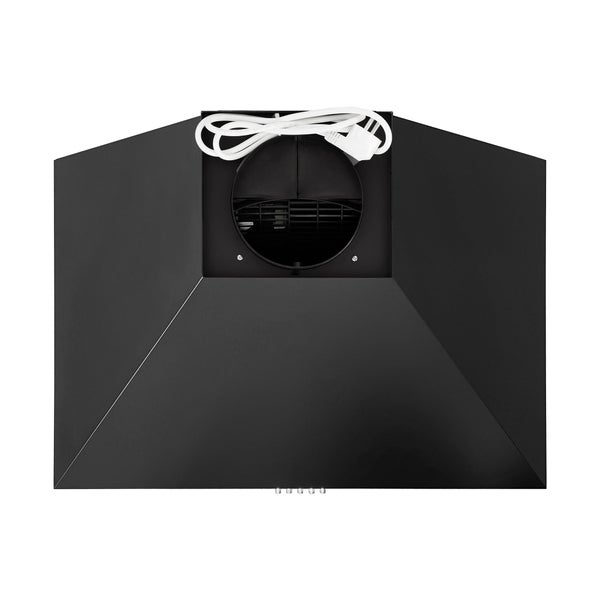Schwarze Wand-Dunstabzugshaube in moderner Pyramidenform mit Abluftöffnung oben und weißem Netzkabel.