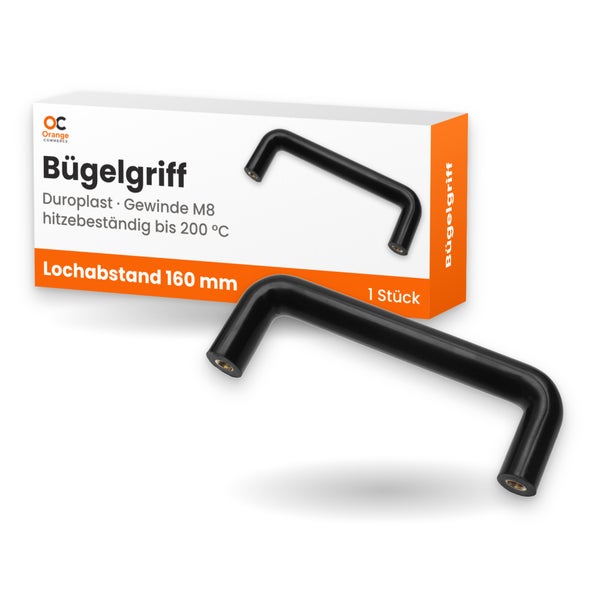 Bügelgriff aus Duroplast mit M8 Gewinde und 160 Millimeter Lochabstand, hitzebeständig bis 200 Grad Celsius in Produktverpackung.