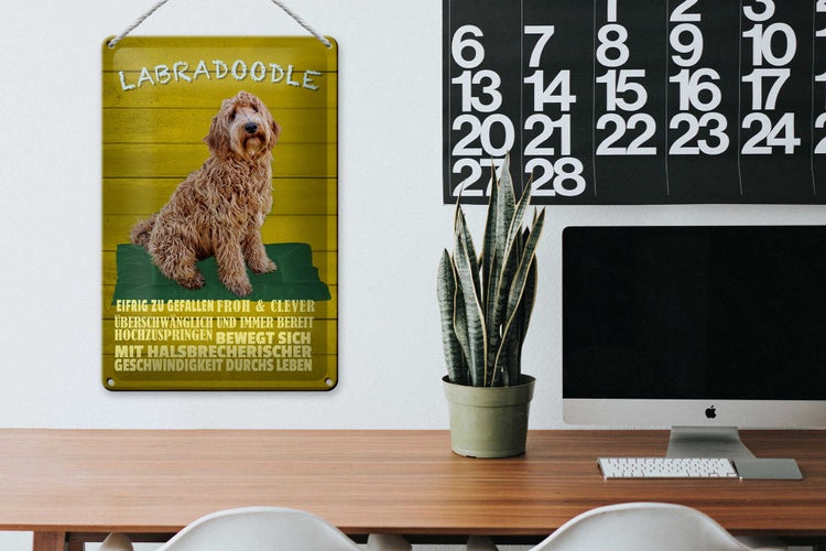 Blechschild Spruch 20x30cm Labradoodle Hund froh und clever