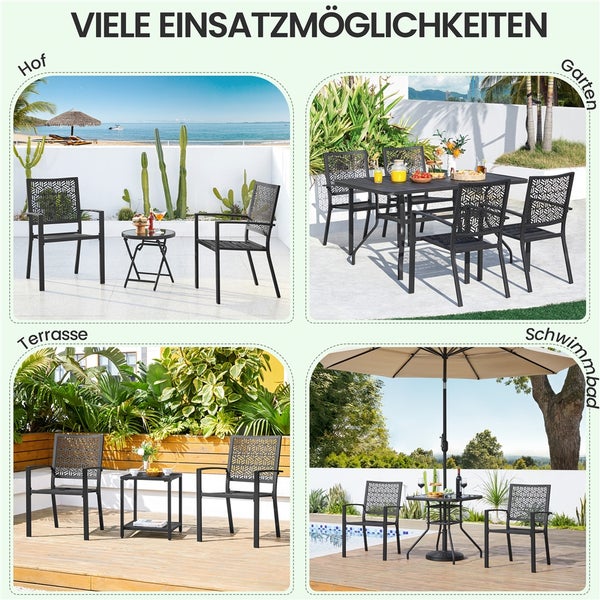 Vielseitige schwarze Gartenmöbel-Sets aus Metall in verschiedenen Außenbereichen wie Hof, Garten, Terrasse und am Pool.