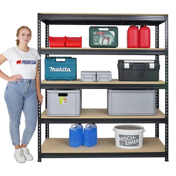PROREGAL Mega Deal 3x Profi Schwerlastregal Bison HxBxT 200 x 180 x 60 cm 5 Fachböden Fachlast 600 kg Schwarz