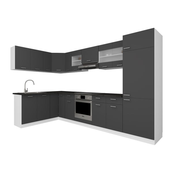 13-tlg Winkelküche Küche 328 x 178 Esilo Weiß / Anthrazit