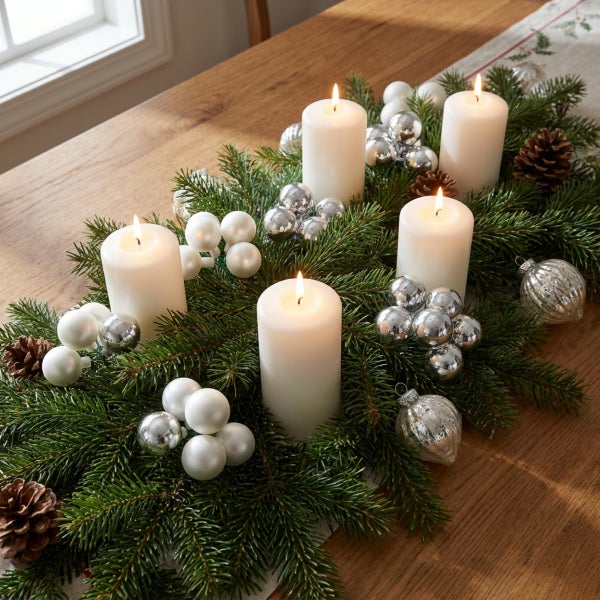 Weihnachtlicher Adventskranz aus Tannenzweigen mit vier brennenden Stumpenkerzen und Dekokugeln auf einem Holztisch.