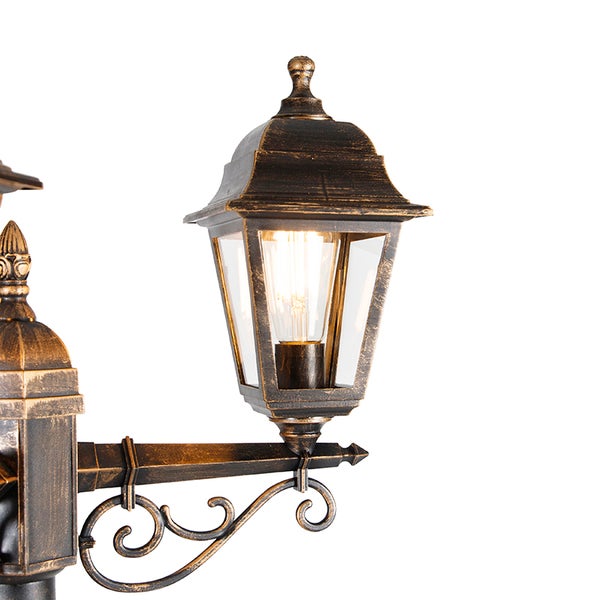 Außenleuchte im antiken Design aus Metall in Gold-Antik-Optik mit Glaseinsätzen und Leuchtmittel