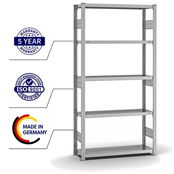 PROREGAL Fachbodenregal Stecksystem T-Profil Heavy-Duty Grundregal HxBxT 200 x 100 x 30 cm 5 Ebenen Fachlast 300 kg Beidseitig Nutzbar Verzinkt