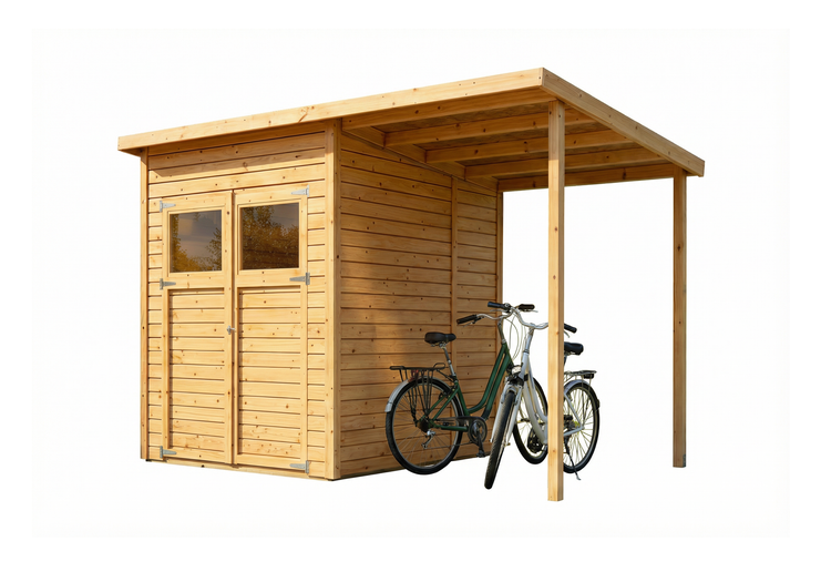 Gartenhaus aus Holz mit Doppeltür und Pultdach inklusive angebautem Fahrradunterstand mit zwei Fahrrädern.