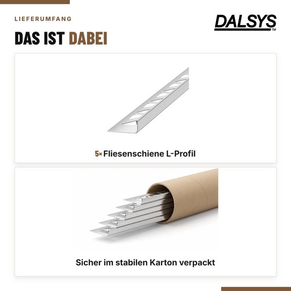 Dalsys Logo und Lieferumfang von fünf Fliesenprofilen in L Form sicher verpackt in einer stabilen Papprolle.