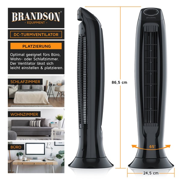 Brandson Turmventilator mit Timer, Silent ECO Green, DC Standventilor mit Fernbedienung, Säulenventilator inkl. Oszillation, Ventilator, sehr leise