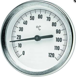 Rundes analoges Thermometer mit einer Skala von 0 bis 120 Grad Celsius und einem Metallgehäuse.