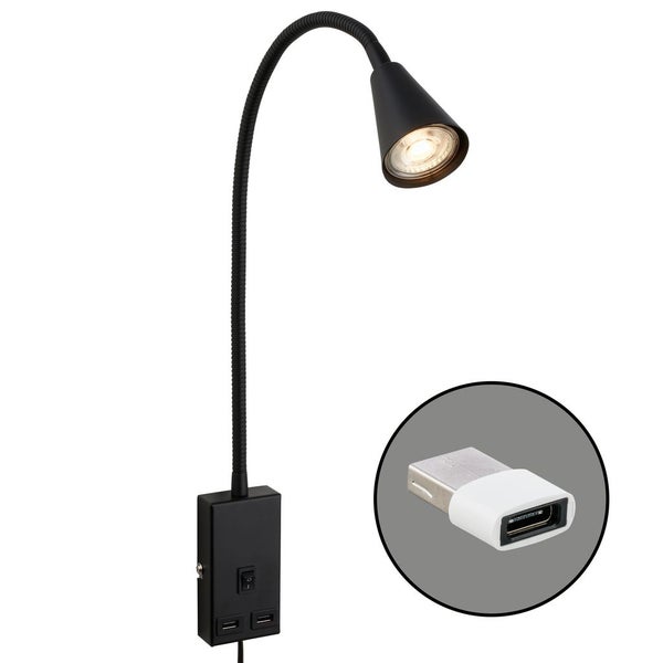 Leselampe LED Bettlampe Wandlampe Schwenkbar 2x USB Port Kabelschalter GU10