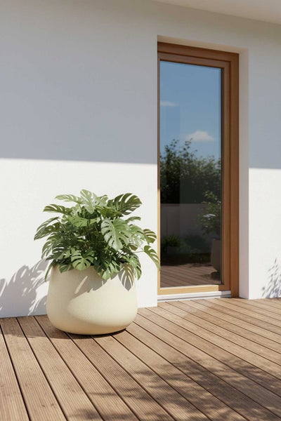 Runder, cremefarbener Pflanzkübel mit einer Monstera-Pflanze auf einer Holzterrasse neben einer Glastür.