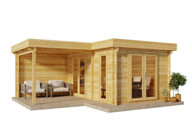 Modernes Gartenhaus aus Holz mit Flachdach, Glasdoppeltür, bodentiefem Fenster und integrierter überdachter Terrasse mit Sitzgelegenheit.