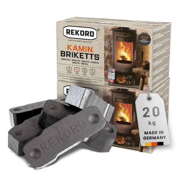 Rekord Kaminbriketts aus Braunkohle, 20 Kilogramm Packung, geprüftes Qualitätsprodukt aus Deutschland für langanhaltende Glut und Flammenbildung.