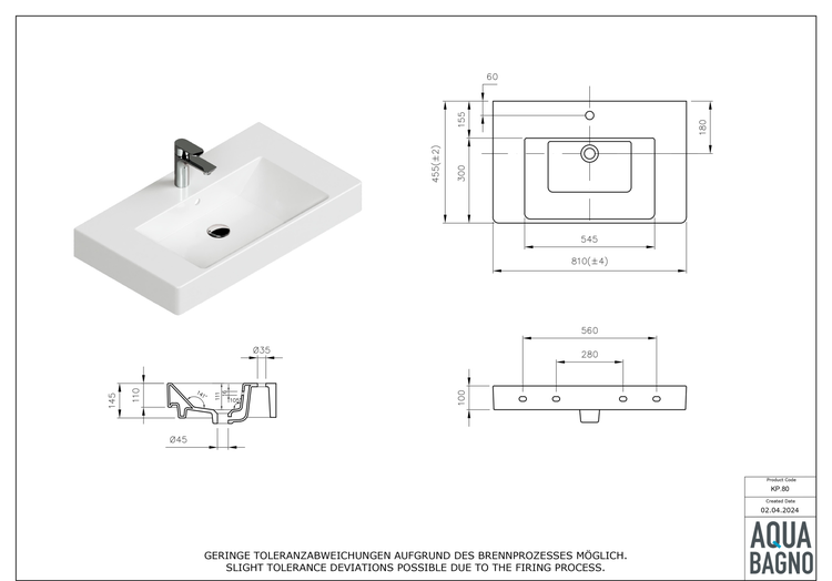 Aqua Bagno Quadra Soft Waschbecken KP.80 – 81 x 45,5 cm – Weiß Hochglanz – Keramikbecken mit Hahnloch & Überlauf