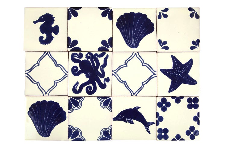 Fliesen mit Meeresmotiven, einschließlich Seepferdchen, Muschel, Oktopus, Seestern und Delfin