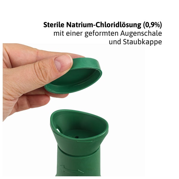 Sterile Natriumchloridlösung 0,9 Prozent zur Augenspülung mit ergonomisch geformter Augenschale und Staubschutzkappe.