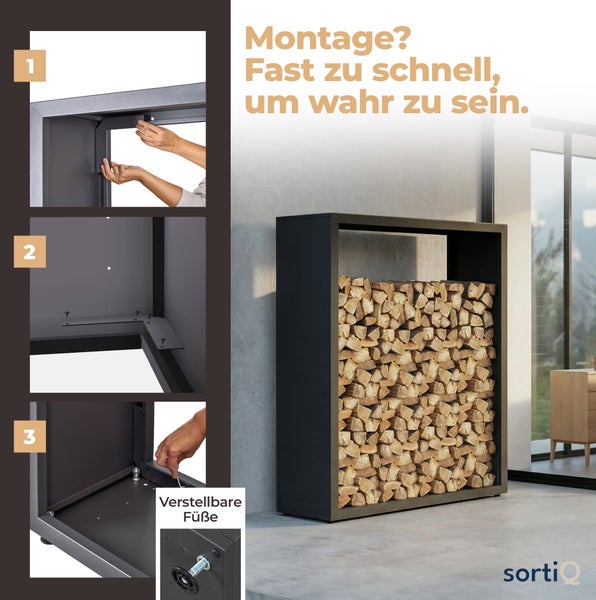 Abgebildet ist ein Kaminholzregal mit einfacher Montage und verstellbaren Füßen.