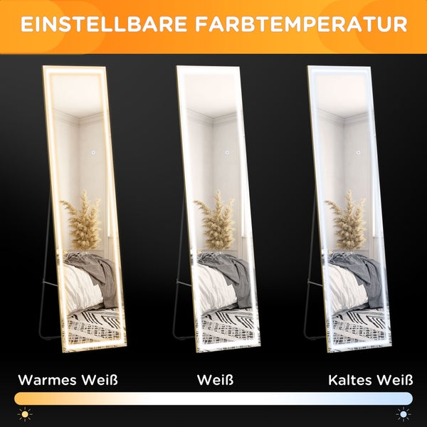 HOMCOM 2 in 1 Standspiegel, mit LED-Beleuchtung, , für Schlafzimmer, Wohnzimmer, 40 x 37 x 156,5 cm, Aluminium, Silber+Gold,