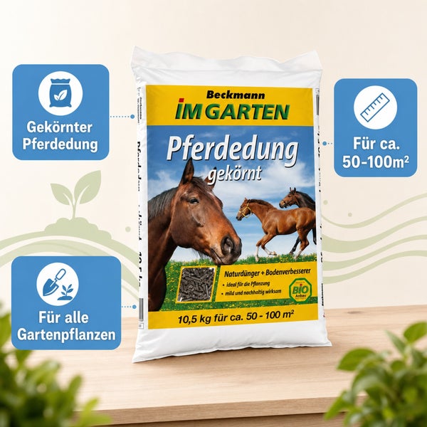 Beckmann Im Garten gekörnte Pferdedung, organischer Naturdünger und Bodenverbesserer für Gartenpflanzen, 10,5 Kilogramm Sack.