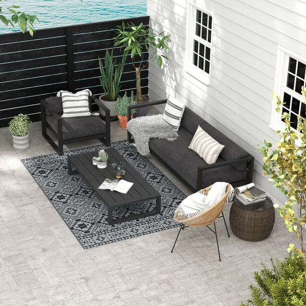 Outsunny Outdoor-Teppich, wasserabweisend, für Camping, Terrasse, 182 x 274 cm, Kunststoff, Schwarz+Grau