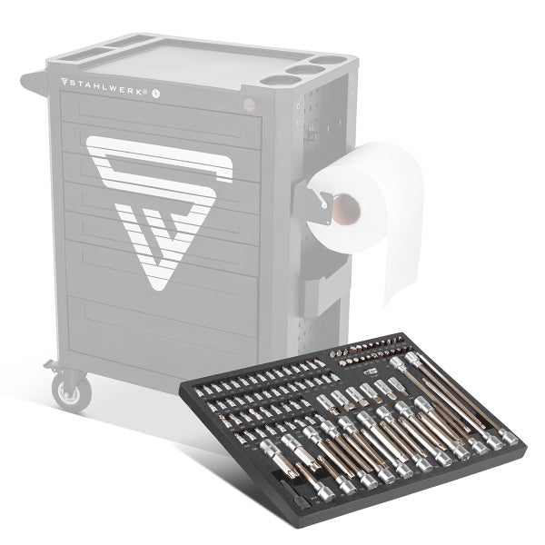 Bit-Sortiment in Einlage vor Werkstattwagen