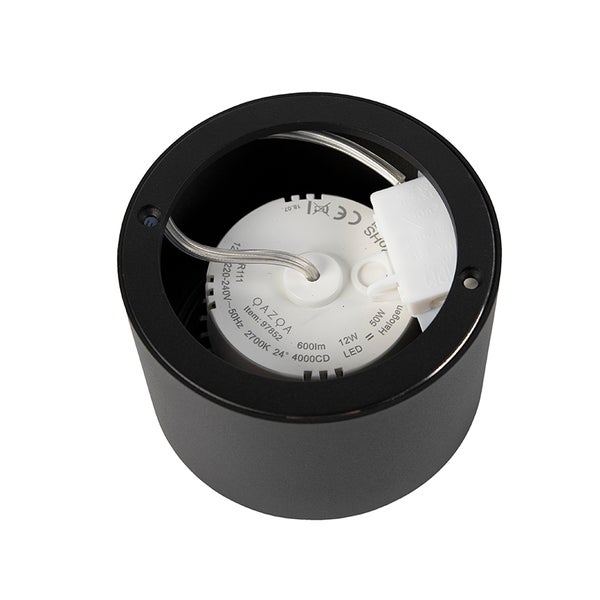 Innenansicht eines schwarzen zylindrischen LED-Strahlers mit Verkabelung und technischen Daten wie 12 Watt LED, 600 Lumen und 24 Grad.