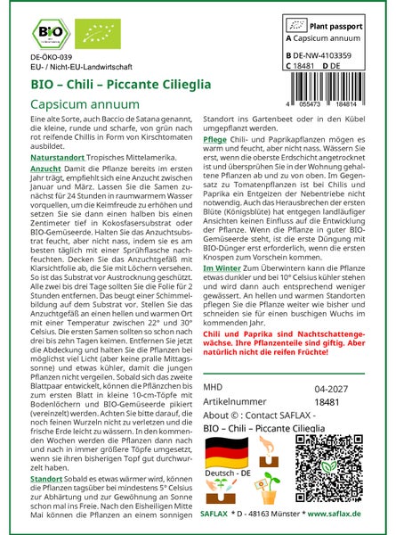 SAFLAX  - BIO – Chili – Piccante Cilieglia - Capsicum annuum - 10 Samen