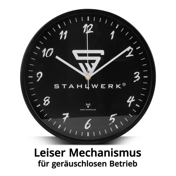 Wanduhr 30 cm schwarze Werkstattuhr mit Aluminium-Gehäuse RCC-Uhrwerk