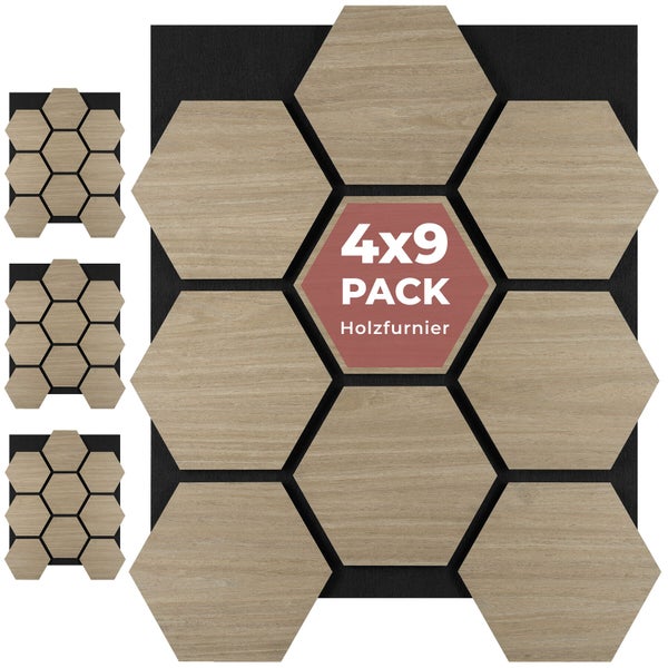 Set aus 36 sechseckigen Wandpaneelen mit Holzfurnier.
