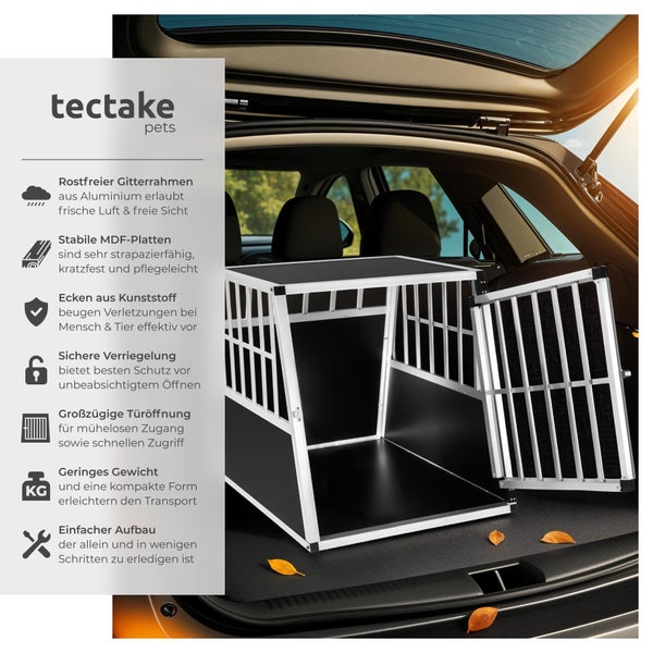 Tectake Pets Hundebox aus Aluminium und MDF im Kofferraum eines Autos
