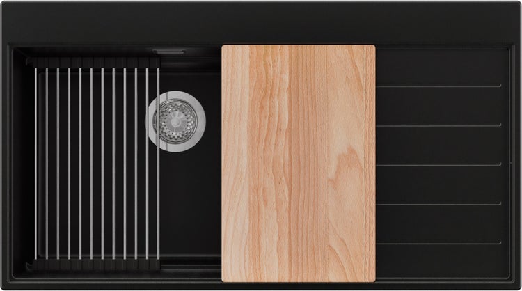 Spüle mit Abtropfgestell und Schneidebrett