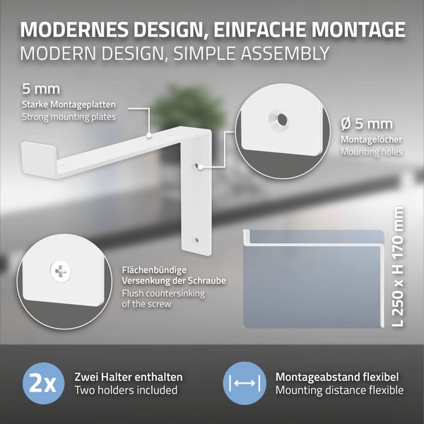 ML-Design 2 Stück Regalhalterung 25x4x14,5 cm, Weiß, aus Metall, 10 Zoll Regalhalterungen, Industrielle Regalwinkel, Regalträger für Wandmontage, 90 Grad Wandhalterung, L-Form Wandregal, mit Schrauben