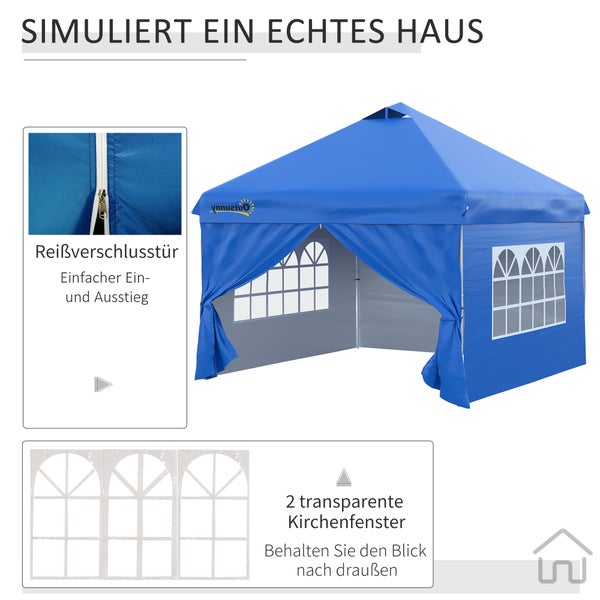 Outsunny Pavillon, 4 Seitenwände mit Fenster, Tür, inkl. Heringe, Tragetasche, 3x3m, Metall, Oxford, Blau