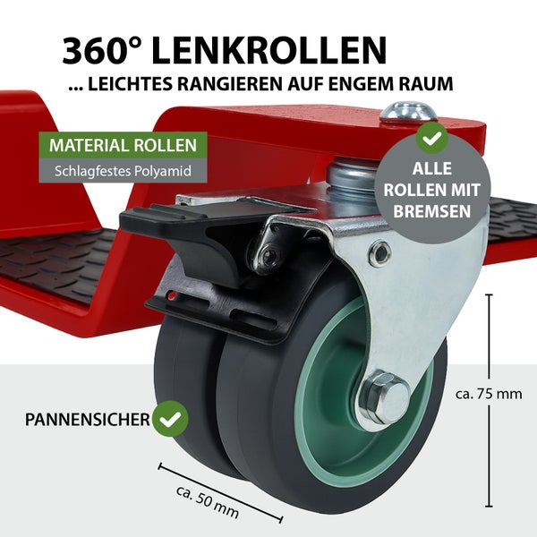Lenkrollen mit 360 Grad Drehung aus schlagfestem Polyamid, alle Rollen mit Bremsen, pannensicher, circa 50 mm breit und circa 75 mm hoch