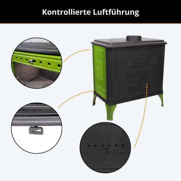 Holzofen mit kontrollierter Luftführung, Detailansichten der Luftregler und Belüftungsöffnungen für effizientes Heizen.