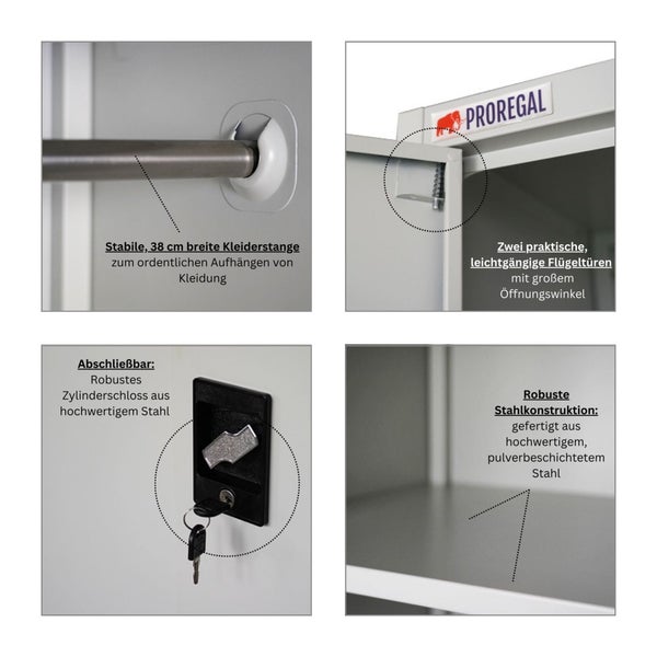Details eines Stahlschranks: Kleiderstange, Flügeltüren, Zylinderschloss und Stahlkonstruktion