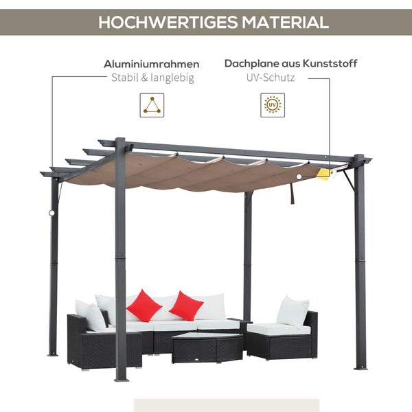 Outsunny Pergola mit Schiebedach, 3x3x2,23 m, Alu, Kohlegrau+Kaffeebraun