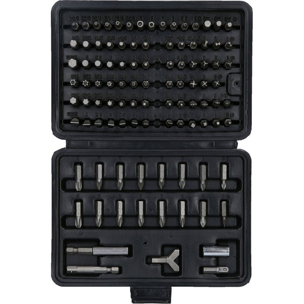 Bit-Set in geöffnetem, schwarzem Kunststoffkoffer mit verschiedenen Schrauber-Bits