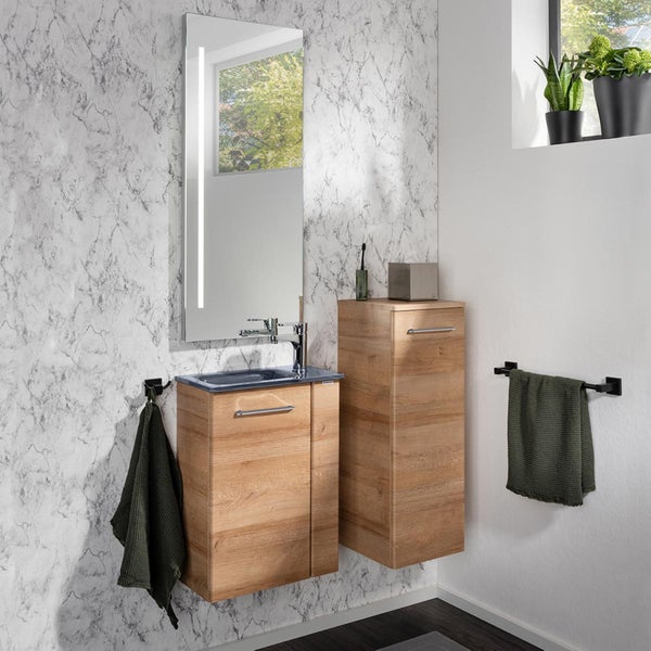 Fackelmann MILANO Gäste-WC Set 2 Teile – Waschtischunterschrank in Holz Braun mit Waschbecken aus Glas in Anthrazit – SBC Waschbeckenunterschrank schmal – Türanschlag links – 45 cm breit