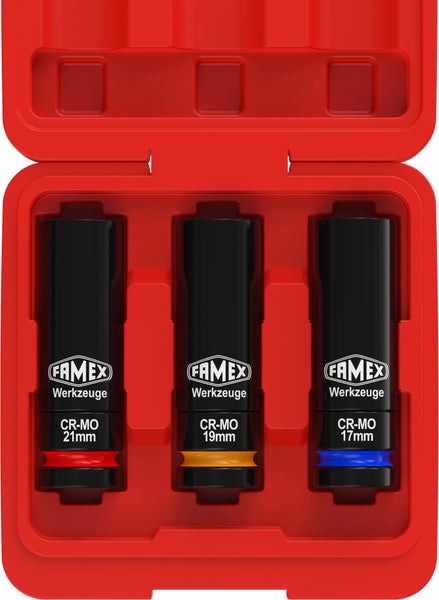 Famex Werkzeug Steckschlüssel Satz mit 21, 19 und 17 Millimeter in rotem Koffer